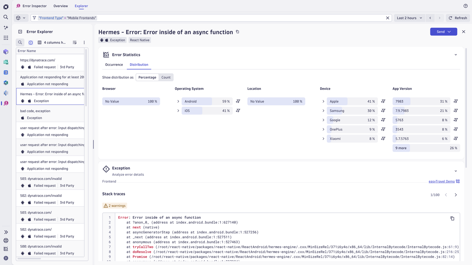 Error Explorer in Dynatrace screenshot