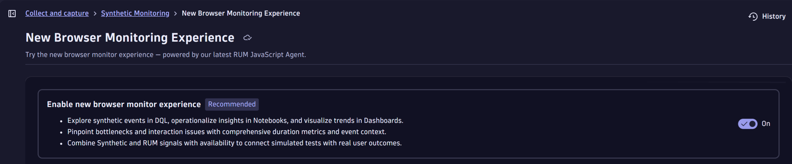 Turn on the new browser monitor experience globally or per monitor
