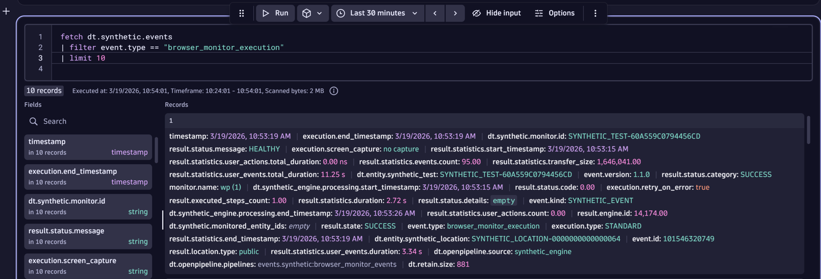 Details of Synthetic browser monitor events queried in Grail using DQL.