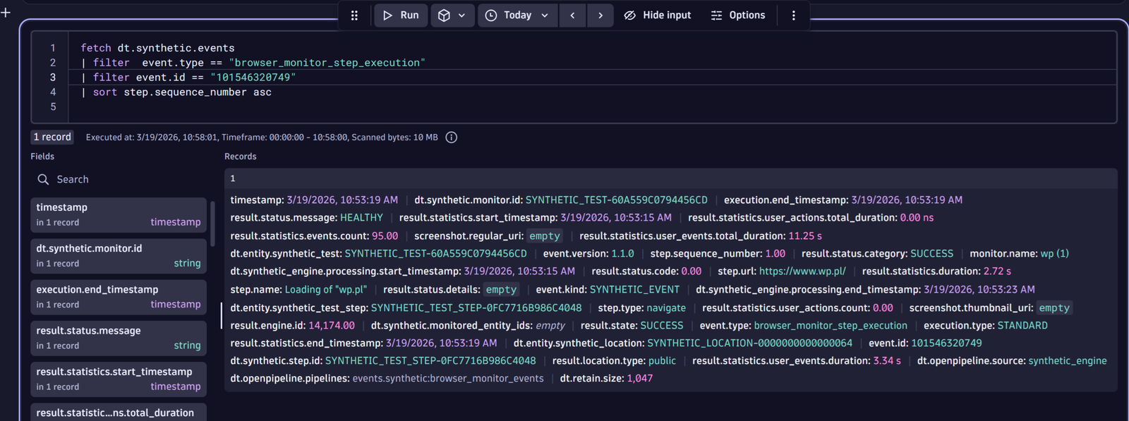 Details of Synthetic browser monitor events queried in Grail using DQL.