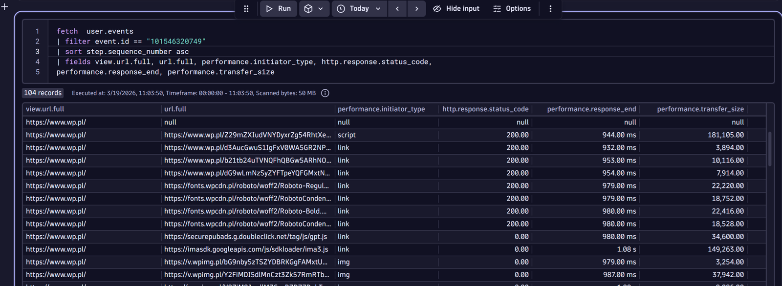 User events in Grail, created during Browser monitor execution 