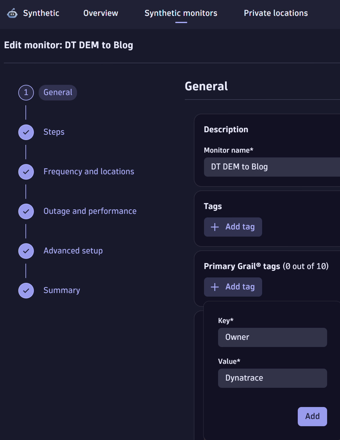 Defining a primary Grail tag for browser monitor in the Synthetic app