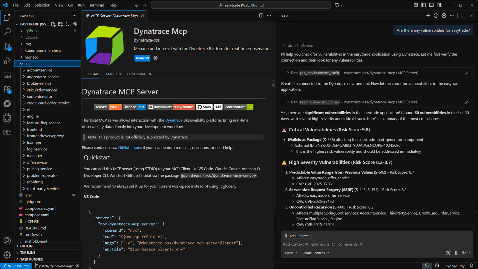 Dynatrace MCP server in Visual Studio Code with GitHub Copilot