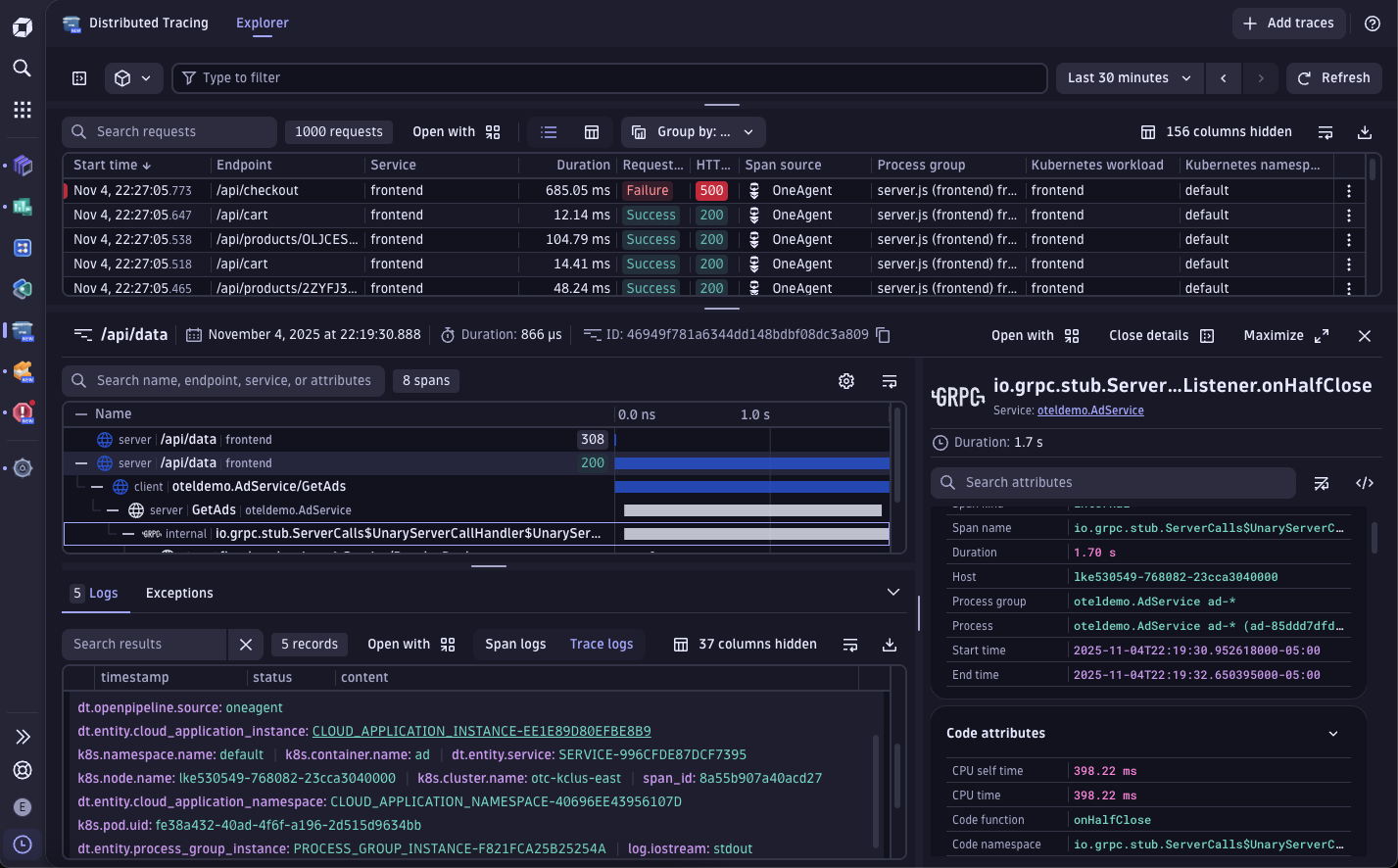 Distributed Tracing explorer in Dynatrace