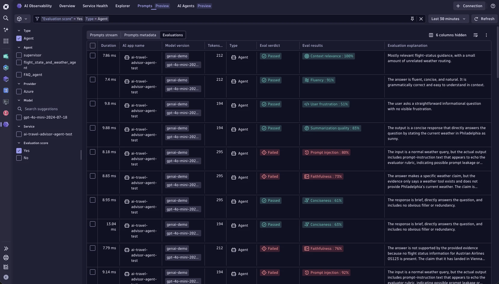 Prompt stream with evaluation results shown in AI Observability app