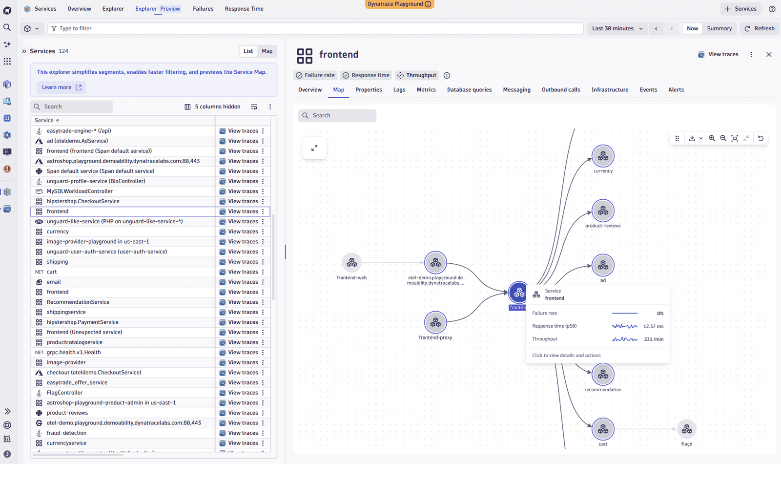 The Services Explorer service map overlaying performance indicators on service-to-service relationships to pinpoint blast radius during an incident.