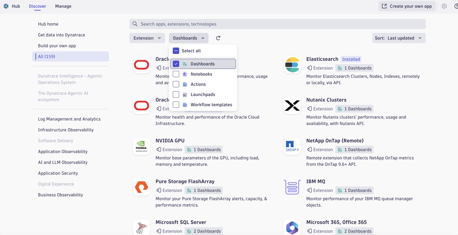 The Hub discovery workflow guides you from platform search to installable ready-made dashboards.