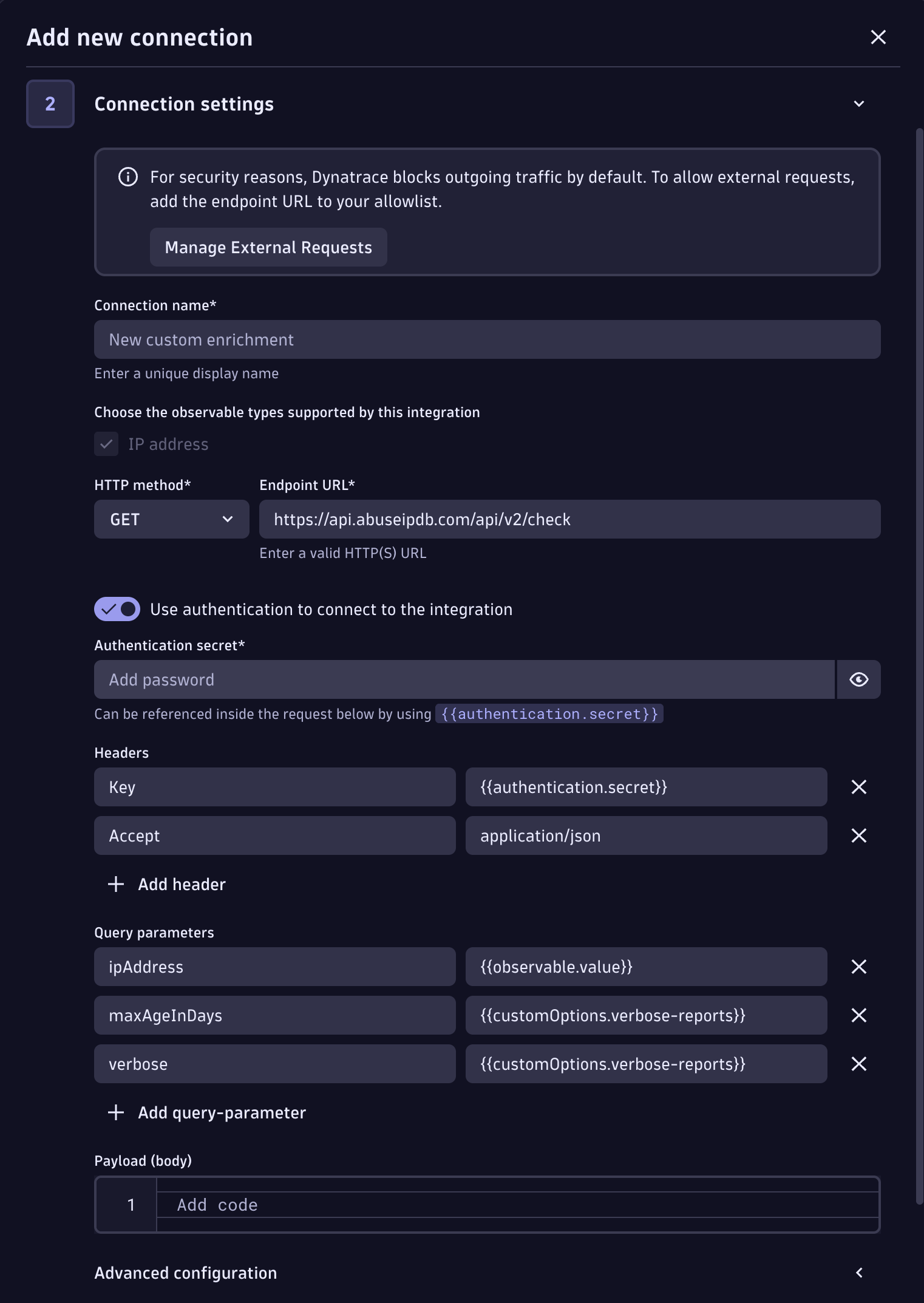 Security Enrichment connection settings